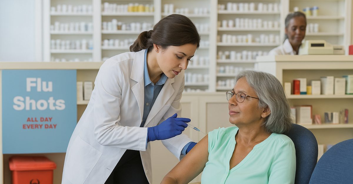 a female doctor injects a flu shot into a female patient's arm in a pharmacy setting