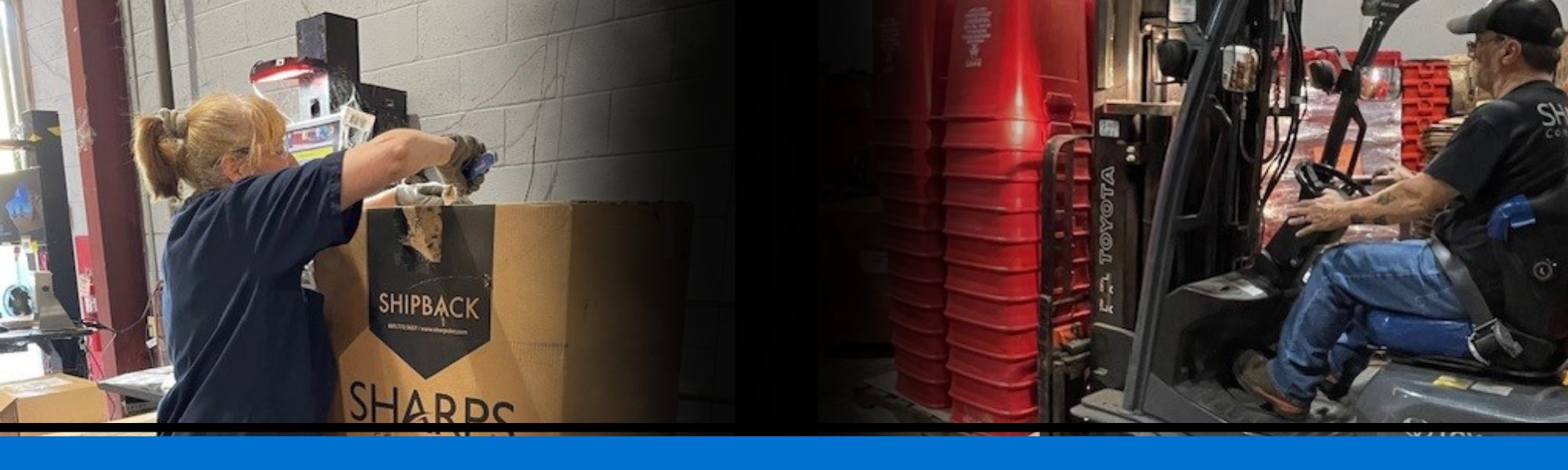 Healthcare professional inspecting medical waste container for safety compliance.