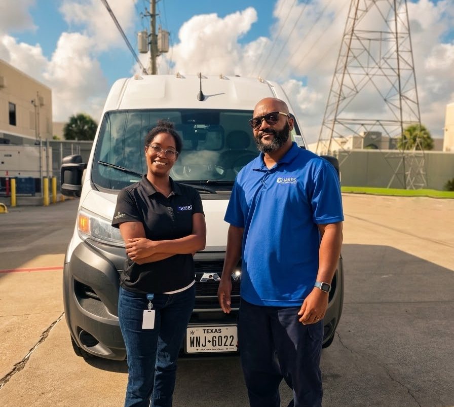 close up of two employees of Sharps Medical Waste Services smiling in front of a white van