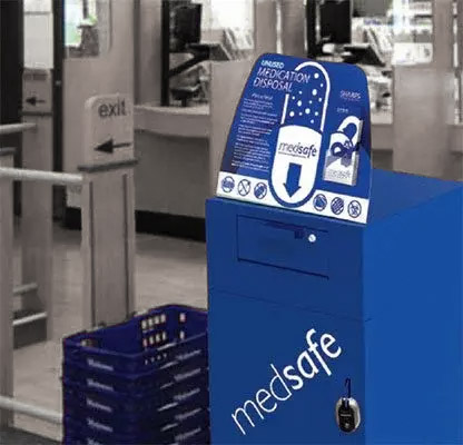 MedSafe medication disposal kiosk in a pharmacy