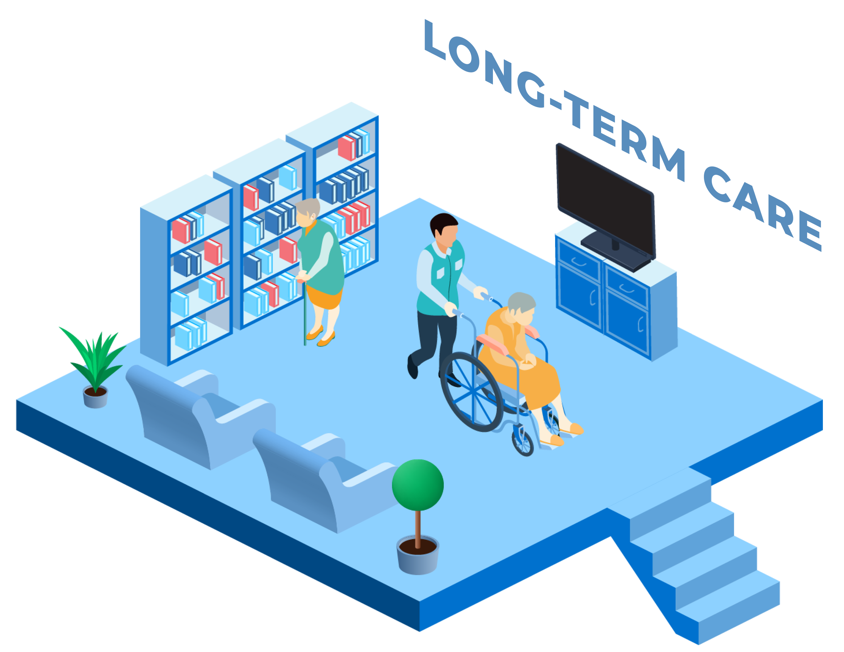 illustration of a long-term care facility floor plan showing a worker pushing a patient in a wheelchair while an older female patient stands behind them with a cane