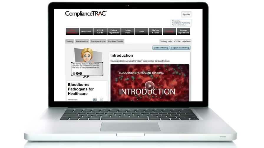 laptop screen with ComplianceTrac training dashboard