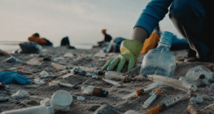 syringes, medical debris, and other healthcare materials washed ashore